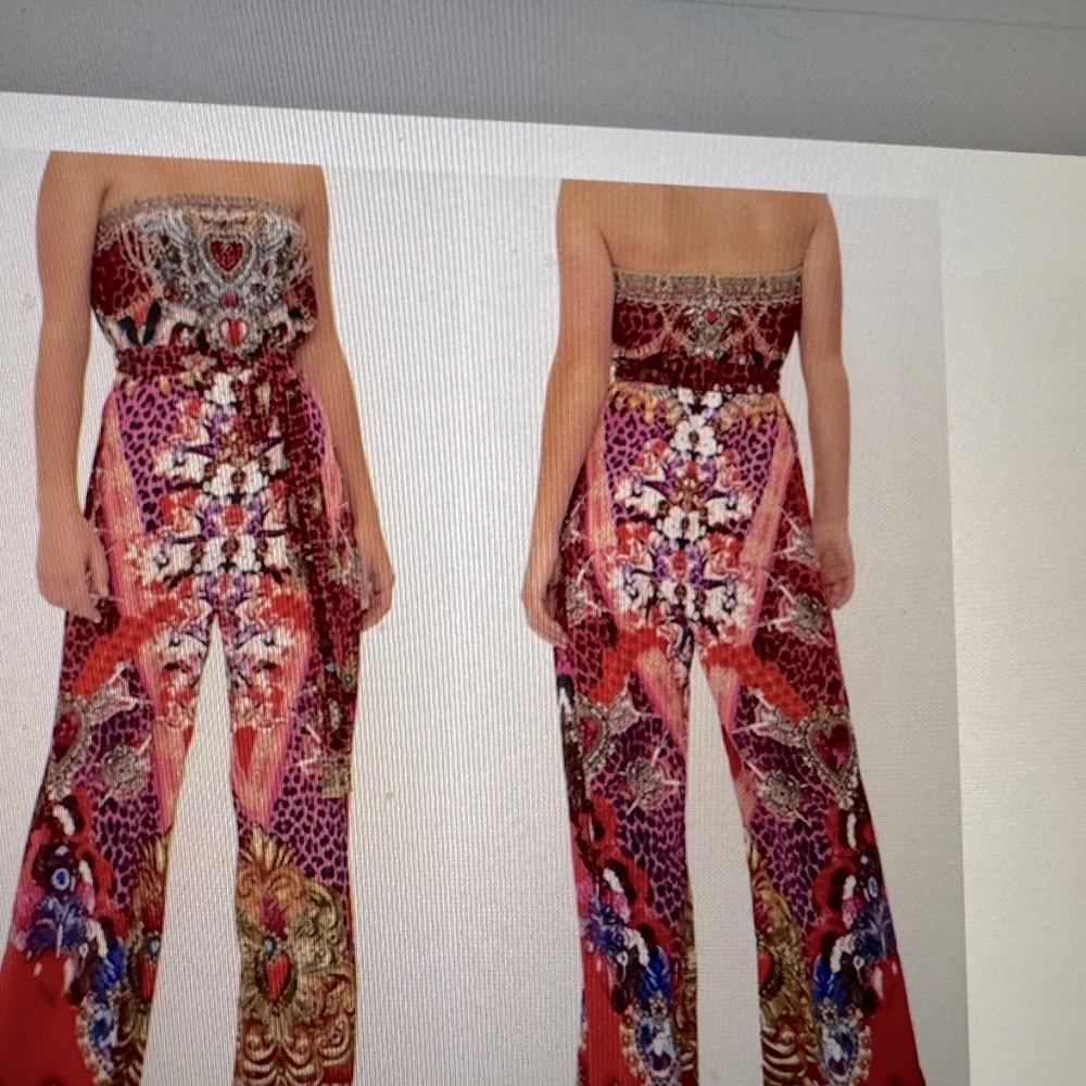 New Camilla Tie Waist Strapless Jumpsuit Artesania Mania 100% Silk Red Small